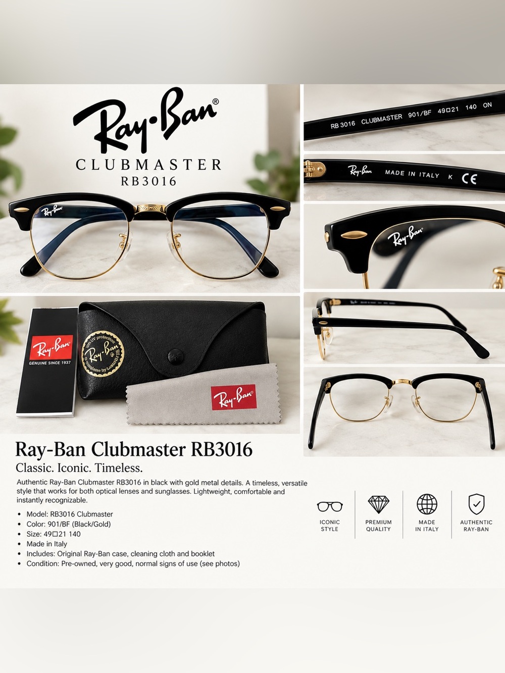 Ray-Ban Clubmaster RB3016 Bluel Light Glasses, Black & Gold
